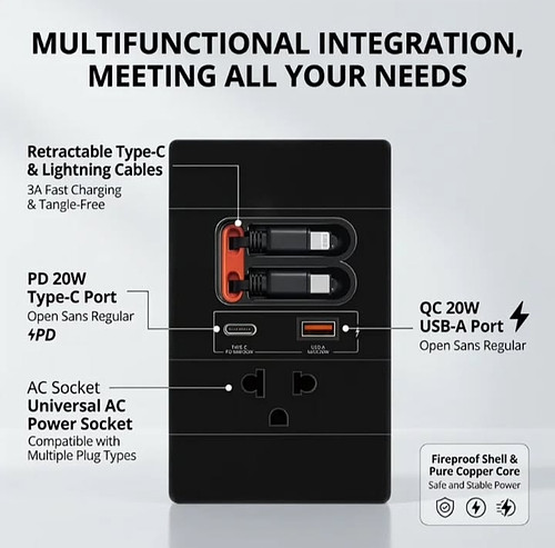 Multi-switch socket with 20w fast charge cable 