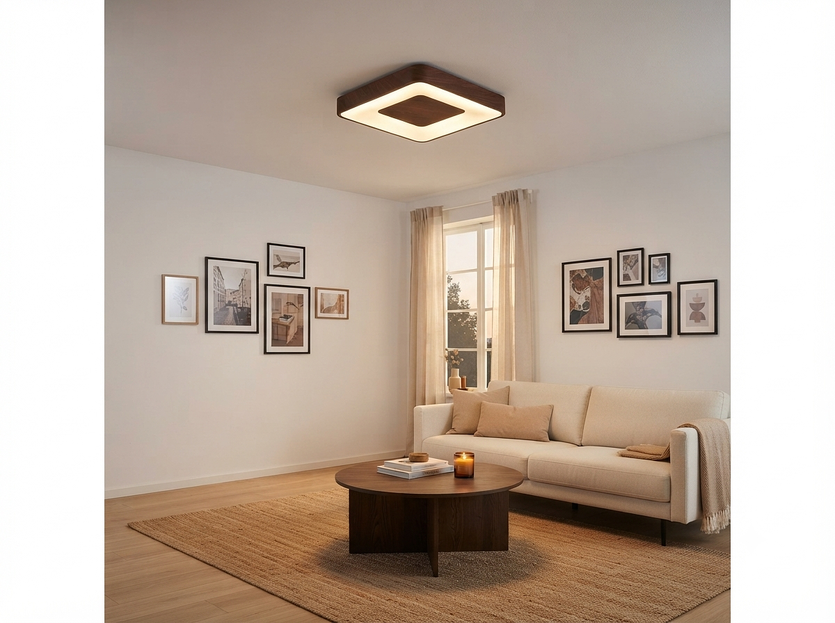 Led ceiling light square+middle walnut wood